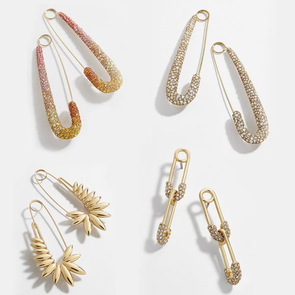 

stud trendy design paperclip safety pin earrings for women multicolor rhinestone crystal wedding statement jewelry brincos, Golden;silver