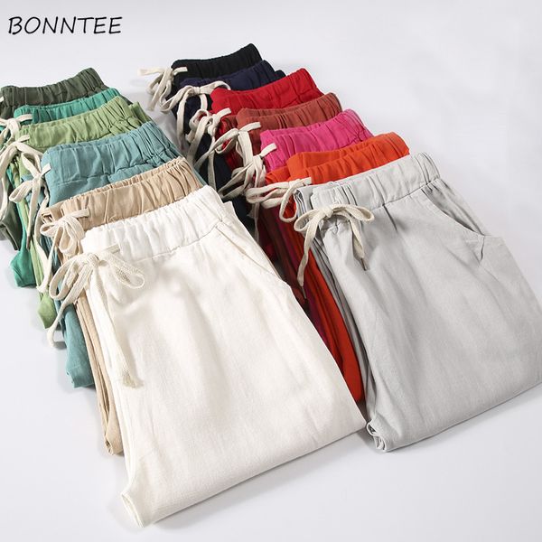 

pants women ankle-length summer breathable trendy loose linen pockets korean style leisure womens drawstring simple ladies chic, Black;white