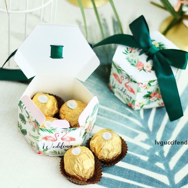 

fashion paper sweet gift box dark green flamingo pattern hexagonal candy boxes for wedding giveaways supplies 0 68yr bb