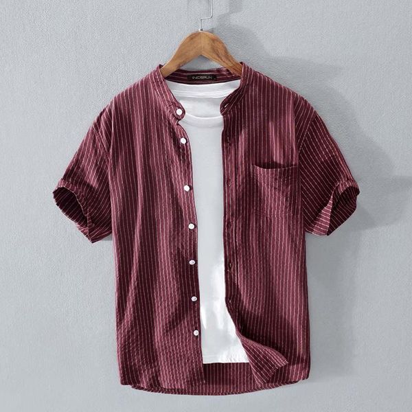 

incerun men striped shirts casual short sleeve stand collar blusas summer harajuku buttons cotton breathable buttons camisa, White;black