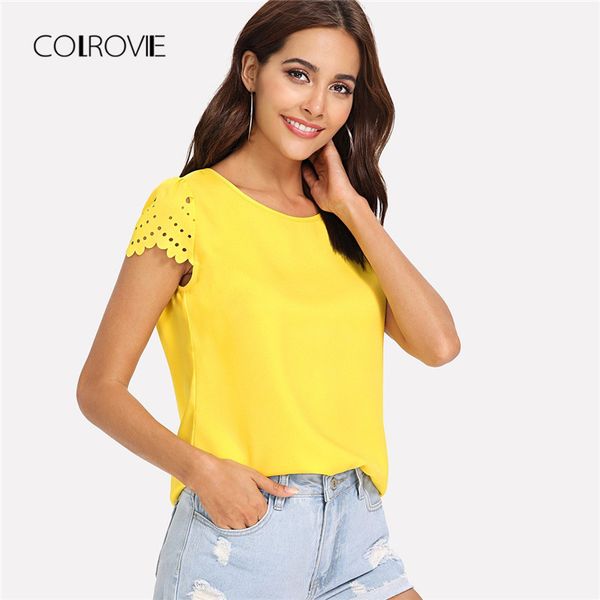 

colrovie yellow scallop laser cut cap sleeve hollow out button casual women blouse shirt 2020 summer female blouse and, White