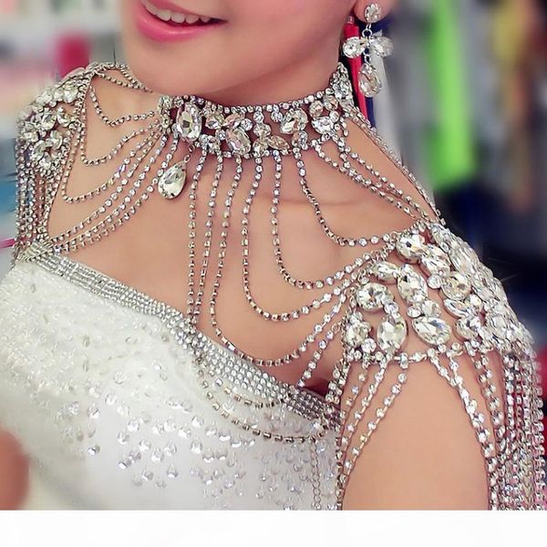 

vintage bridal shoulder necklace chain rhinestone drop necklace earring wedding party body shoulder chain jewelry crystal 2017, Silver