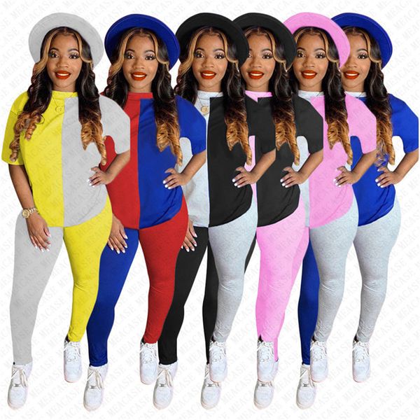 

2020 women tracksuit designer patchwork color short sleeve crew neck t shirt pants two piece set outfits trendy home sportswear d72303, White