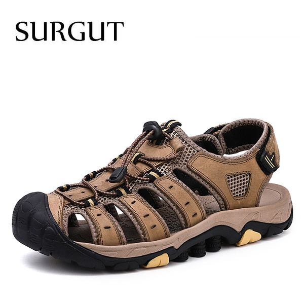 

sandals surgut summer men's genuine leather outdoor casual shoes breathable design beach brand roman men sneakers, Black