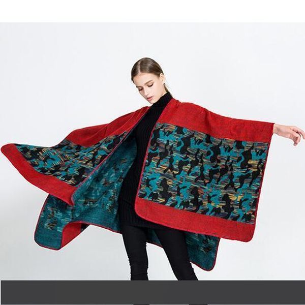 

2018 europe and the united states new autumn and winter multicolor color matching geometric scarf imitation cashmere cloak wild shawl coat, Blue;gray