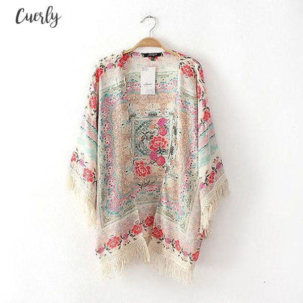

2020 new women ladies summer beachwear cover up retro boho floral lace cardigan tassel hippie petal sleeve kimono blouse dropshipping, White
