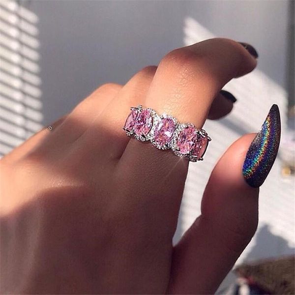 

sparkling luxury jewelry party 925 sterling silver full oval cut pink sapphire cz diamond gemstones eternity women wedding band ring gift, Slivery;golden