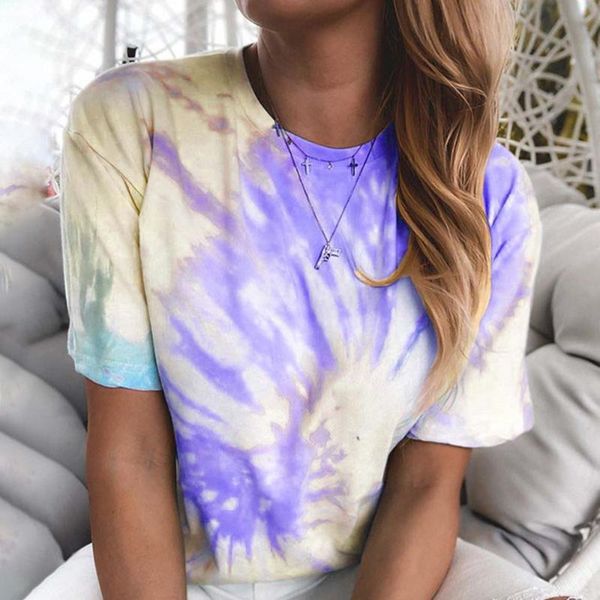 

2020 new fashion tie-dye print short t-shirts plus size loose casual women gradient color print tshirt short sleeve summer, Black;blue