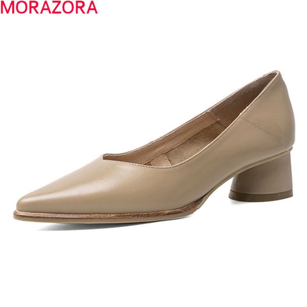

morazora 2020 new brand summer women pumps square heels pointed toe party dress shoes genuine leather ladies shoes, Black