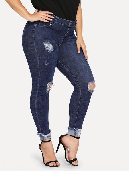 

2019 trendy stretch large and jeans hole-breaking denim large size slim fit women's skinny jeans deep sea blue