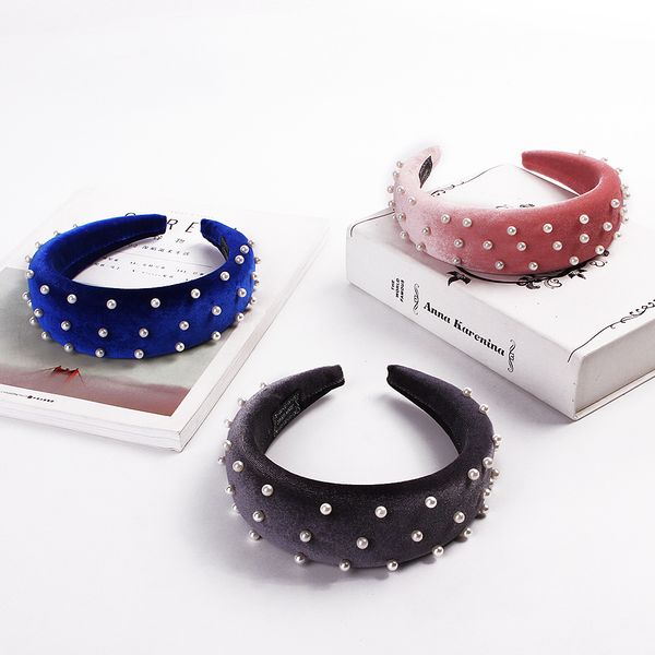 

fashion sponge headband creative europe and us style catwalk show with pearl knotted thick-wrapped flannelette headband for girls, Silver