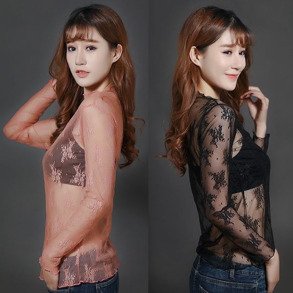 

iybew lace base shirt women's thin half-turtleneck mesh slim fit fit inside perspective temperament body sticker close-fitting stick, White