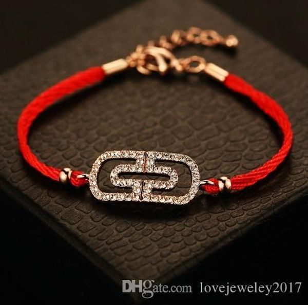 

316l stainless steel paperclip string bracelet with diamon red red rope hand strap couple bracelets for women mens jewelry famous brand, Golden;silver