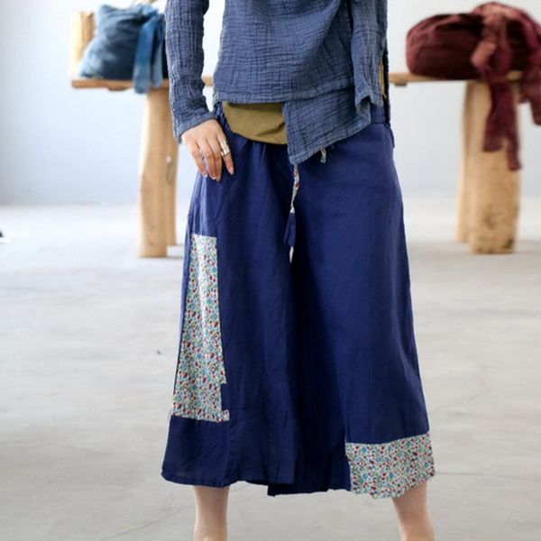 

johnature women cotton linen patchwork wide leg pants elastic waist 2020 autumn new plus size women loose vintage trouser, Black;white