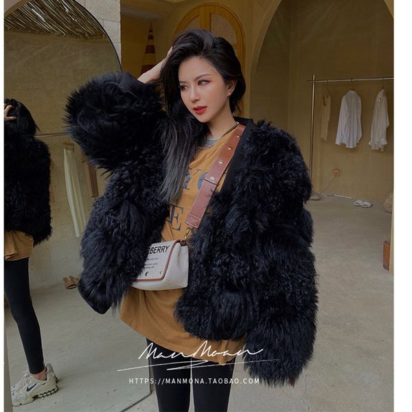 

2020 new fashion design real leather sheep curl fur jacket women coat winter women's curly yarn leather fur coat streetwear, Black