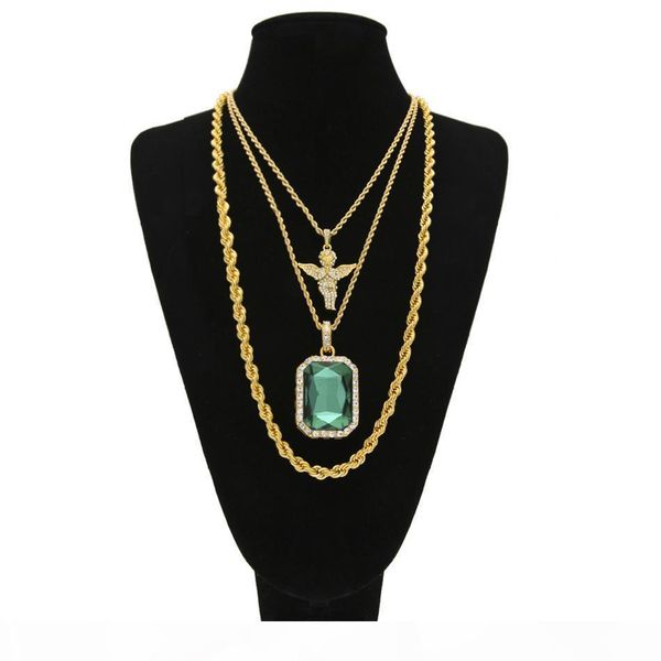 

men's hip hop jewelry set 30" long rope chain iced out full rhinestone angel with square red crystal pendant necklace 3 set, Silver