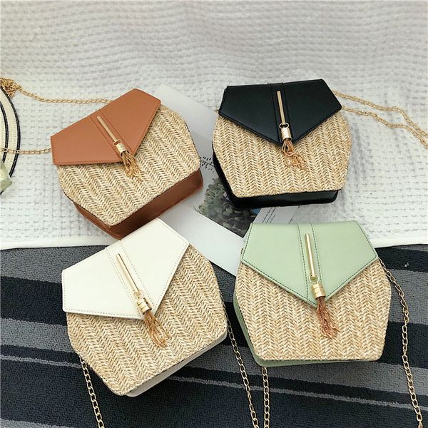 

hexagon mulit style straw+leather handbag women summer rattan bag handmade woven beach circle bohemia shoulder bag new fashion