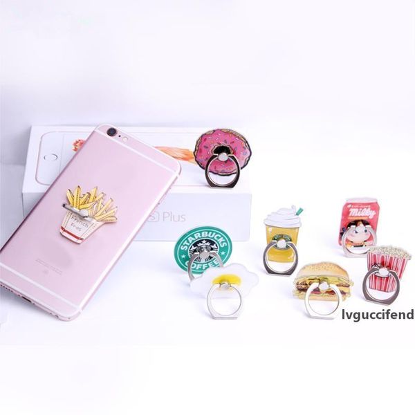 

new 2018 design universal metal finger ring cute mobile phone holder cute chips milk bottle donuts cartoon phone holder ring