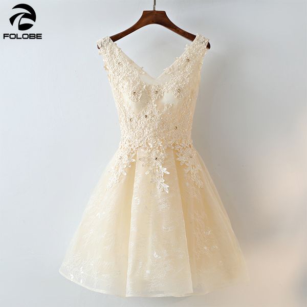 

folobe elegant short champagne party dress a line v neck lace appliques beading girls graduation formal party dresses vestidos, Black;gray