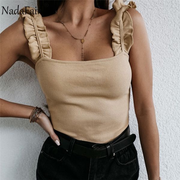 

nadafair ruffles summer backless off shoulder rib knitted tank women khaki white black casual basic