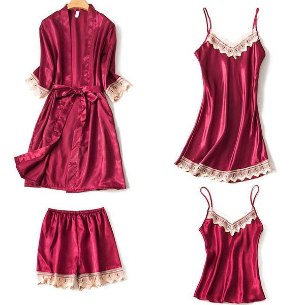 

women kimono bathrobe gown oversize 3xl intimate lingerie satin 4pcs nighty&robe suit sleep set silky sleepwear nightgown, Black;red