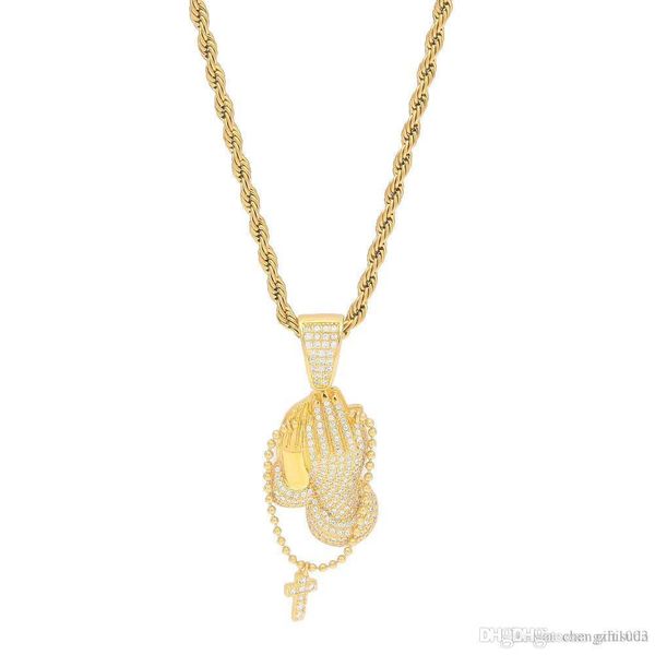 

Hip Hop Brass Gold Silver Iced Out Micro Pave CZ Praying Hands Cross Pendant Necklace Charm For Men Women