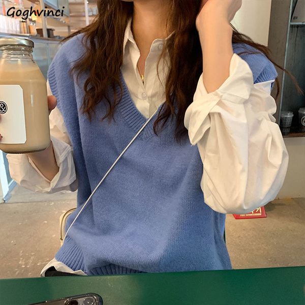 

women sweater vest autumn solid retro sleeveless v-neck ins fashion casual loose womens waistcoat simple all-match korean bf new, Black;white