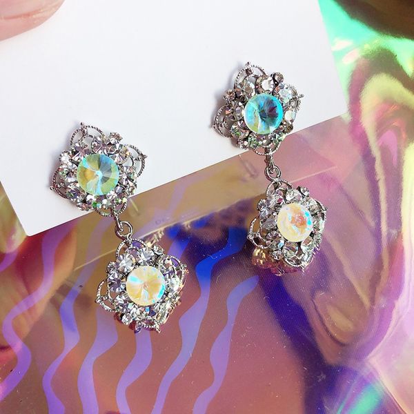 

mengjiqiao new vintage geometric square crystal flower drop earrings for women students fashion pendientes party jewelry gifts, Silver