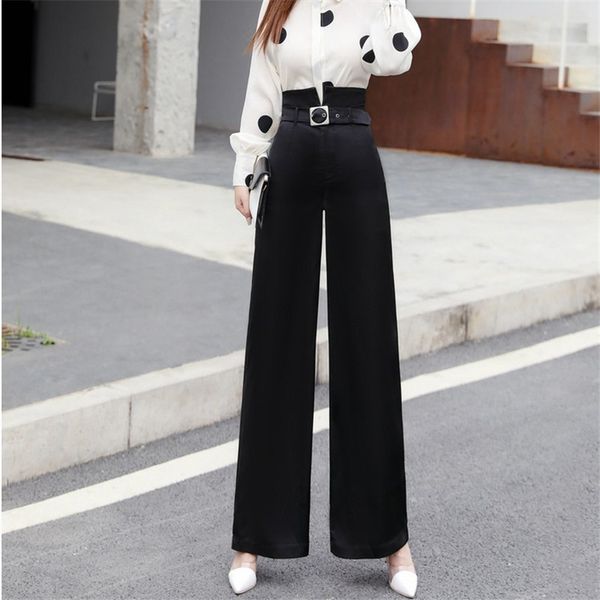 

smooth long pant for women work wear high waist sashes straight new arrival spring autumn office lady wide leg pants trousers, Black;white