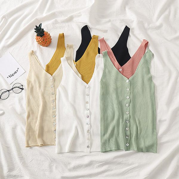 

womens knitteed ribbed v neck crop tank solid single breasted sleeveless stretch buttons camis 2020 summer lady vests, White