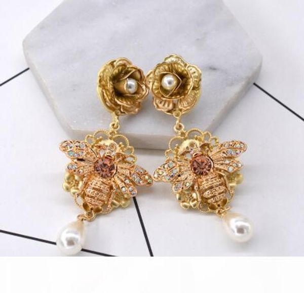 

baroque bee drop dangle earrings shining cubic crystal rhinestone eardrop pearl ear studs for women girl charm jewelry accessories, Golden;silver