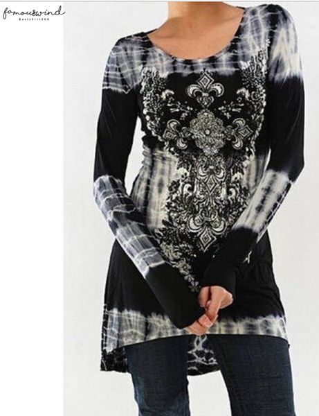 

2020 casual woman shirt clothing womens fashion long sleeve o neck printing slim high waist tie dye, White