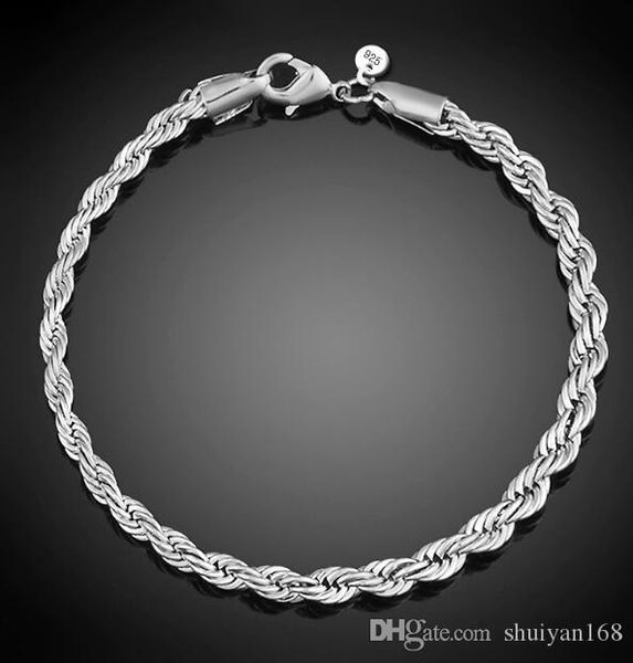 

4mm 925 sterling silver plated twist rope chain bracelets for women men wedding party bracelet european charms bracelets fit murano beads, Black