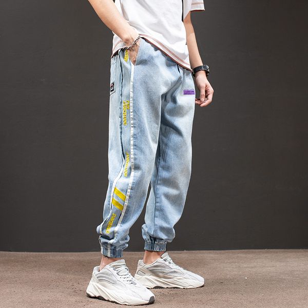 

japanese vintage fashion men jeans loose fit spliced designer denim cargo pants hombre streetwear hip hop jeans men harem pants, Blue