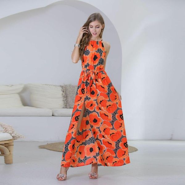 

louis jason summer new -up printed chiffon dresses long dress sleeveless sling lace dress for women robe femme sukienki, Black;gray