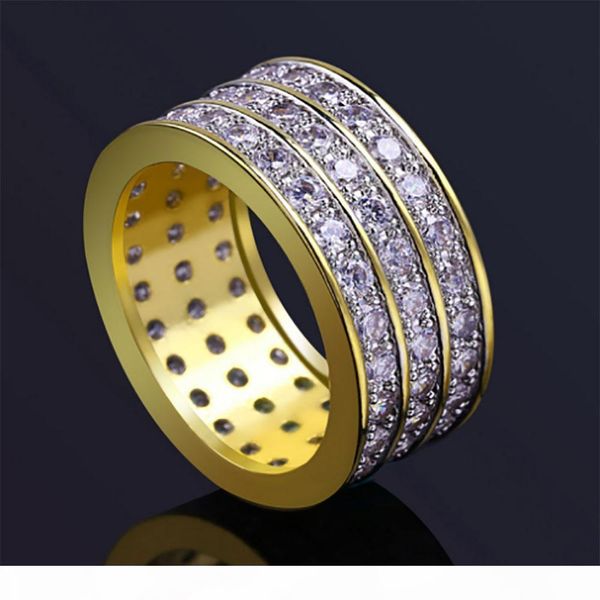 

y роскошный 3 ряд micro pave cz 360 вечности bling золота bling кольца 18k позолоченные мужские имитация diamonds hip hop ring, Golden;silver
