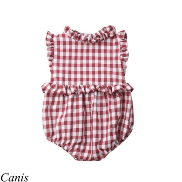 

newborn baby girl ruffle plaid sleeveless romper outfits baby clothing t200721, Blue