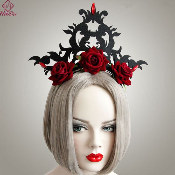 

heeda gothic queen red rose hyperbole crown hairband vintage personality hallowmas christmas costume party hair accessories, Golden;silver