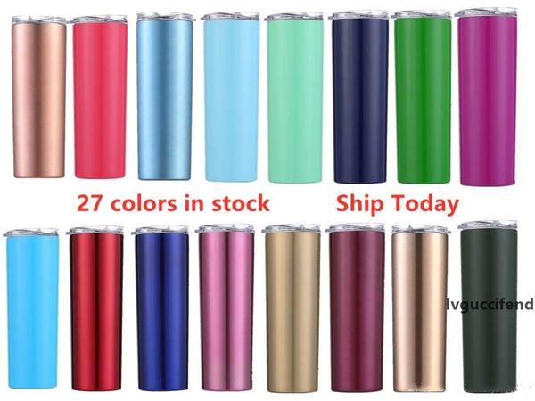 

new 20oz skinny tumblers stainless steel skinny cup with lid straw multicolor double wall vacuum insulation water bottles flask in stock a07