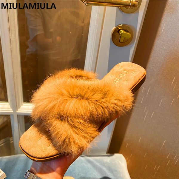 

miulamiula brand design 2020 korean fashion soft hair fur slippers flat slides slip-on loafers mules flip flops women casual, Black