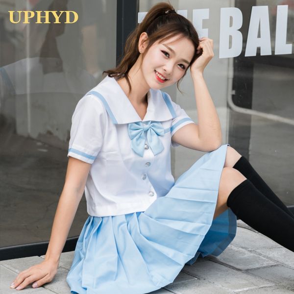 

uphyd sky blue anime uniform super cute girls japanese school uniforms student sailor suits short sleeve school dress xj7303, White