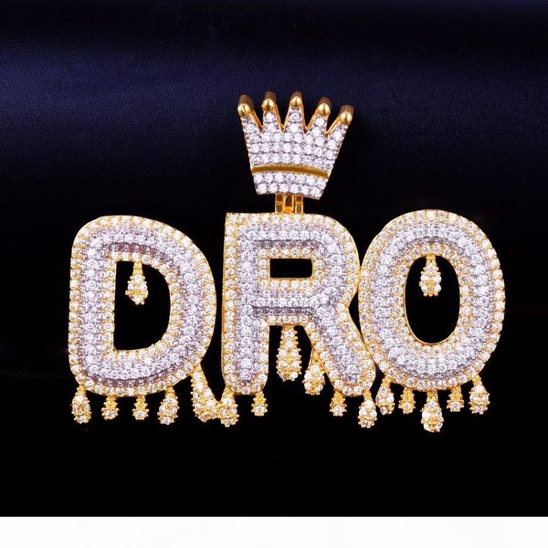 

custom name gold crown bail drip initials bubble letters men's necklaces & pendant cubic zircon hip hop jewelry with tennis chain, Silver