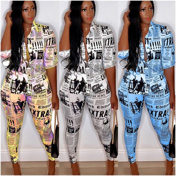 

newspaper print women outfits 3/4 sleeve t shirt + pencil pants leggings 2 piece set vintage design blouse tracksuit clothes suit ins, White