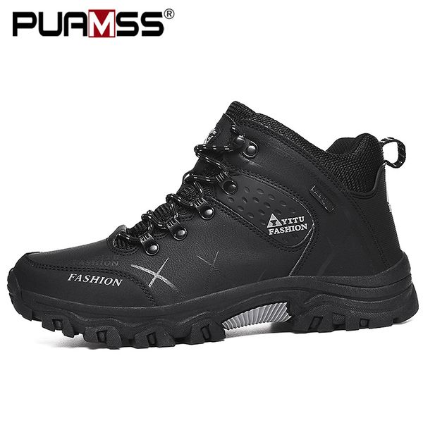 

winter leather ankle boots men casual shoes outdoor waterproof work tooling mens hiking boots sneakers warm snow, Black