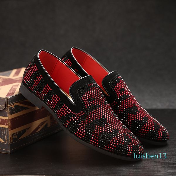 

british style men leather loafers shoes luxury designer men flats male prom wedding party shoes red blue rhinestone soft moccasins l13, Black