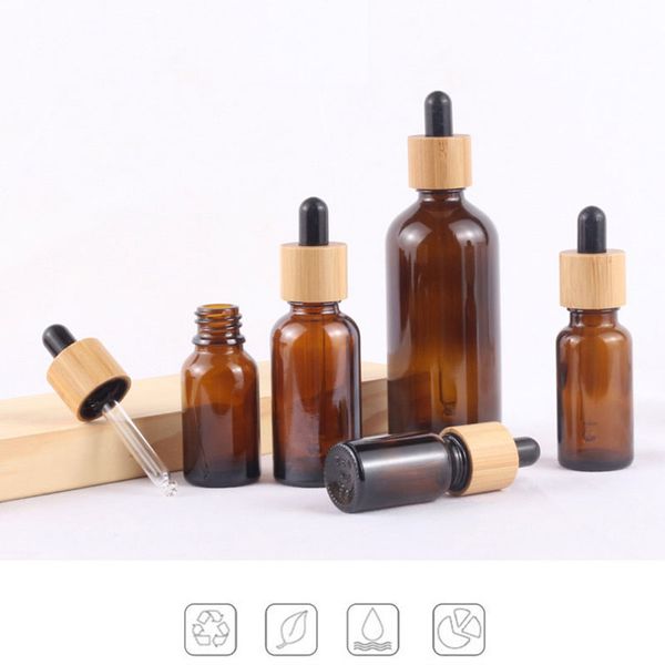 

100pcs bamboo cap glass bottle dropper eco-friendly wooden lid essential basic massage oil pipette refillable bottle container