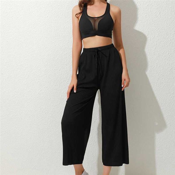 

women loose pants spring summer high waist pleated wide leg soild color lace up female pants streetwear fashion, Black;white