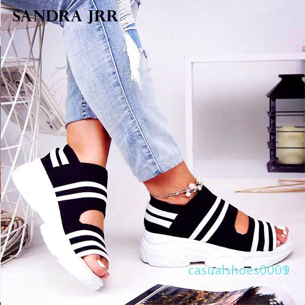 

sandra jrr women sandals summer wedges heel knit fabric shoes peep toe slip on stretchy shoes summer sneakers plus size female cc9 c01, Black