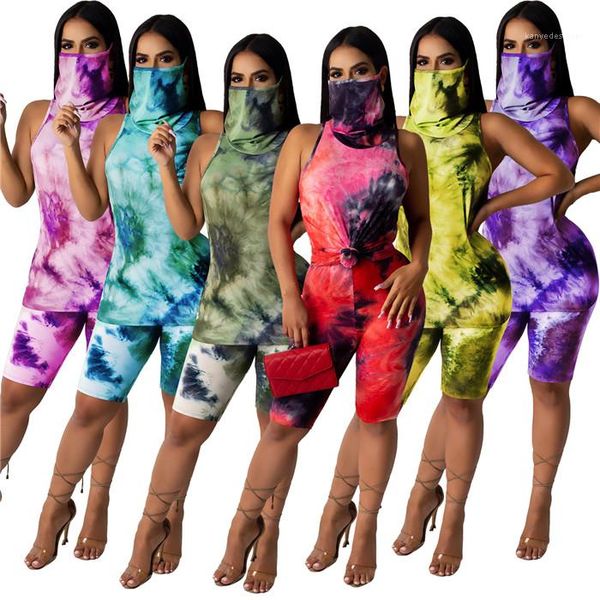 

sport sets women summer tracksuit tie dye sleeveless tshirt with face mask casual shorts famale fashion, Gray