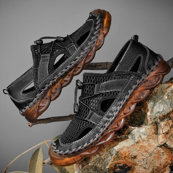 

summer mens sandals mesh sandalias casual water shoes men outdoor erkek sandalet big 46 sewing mens roman sandals, Black